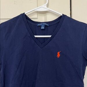 Ralph Lauren Dark Blue V-Neck Tee with Orange Emblem